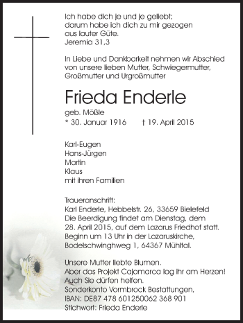 Traueranzeige von Frieda Enderle von Echo-Zeitungen (Gesamtausgabe)