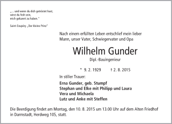 Traueranzeige von Wilhelm Gunder von trauer.echo-online.de