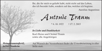 Traueranzeige von Antonie Traum von Rüsselsheimer Echo, Groß-Gerauer-Echo, Ried Echo