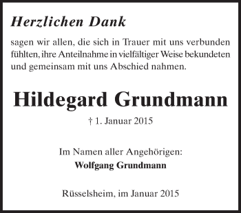 Traueranzeige von Hildegard Grundmann von Rüsselsheimer Echo, Groß-Gerauer-Echo, Ried Echo
