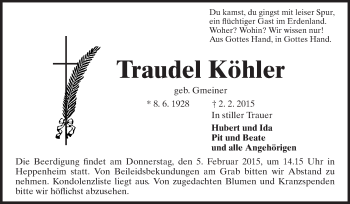 Traueranzeige von Traudel Köhler von Starkenburger Echo