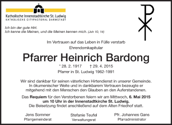 Traueranzeige von Heinrich Bardong von Echo-Zeitungen (Gesamtausgabe)