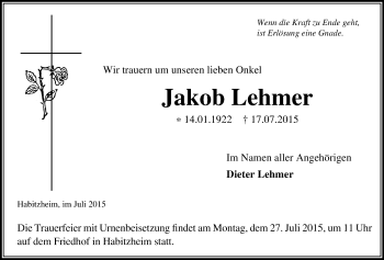Traueranzeige von Jakob Lehmer von Odenwälder Echo