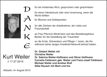 Traueranzeige von Kurt Weiler von trauer.echo-online.de