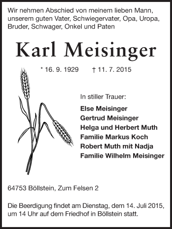 Traueranzeige von Karl Meisinger von Odenwälder Echo