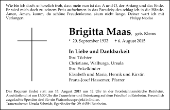Traueranzeige von Brigitta Maas von trauer.echo-online.de