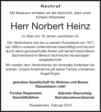 Traueranzeige von Norbert Heinz von Rüsselsheimer Echo, Groß-Gerauer-Echo, Ried Echo