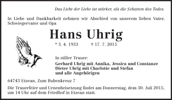 Traueranzeige von Hans Uhrig von Odenwälder Echo