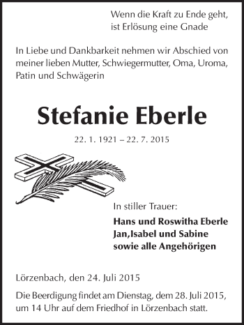 Traueranzeige von Stefanie Eberle von Starkenburger Echo