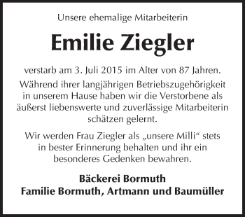 Traueranzeige von Emilie Ziegler von Echo-Zeitungen (Gesamtausgabe)