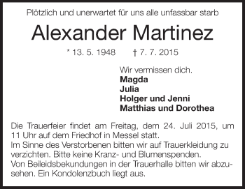 Traueranzeige von Alexander Martinez von Echo-Zeitungen (Gesamtausgabe)