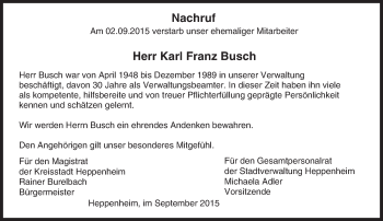 Traueranzeige von Karl Franz Busch von trauer.echo-online.de