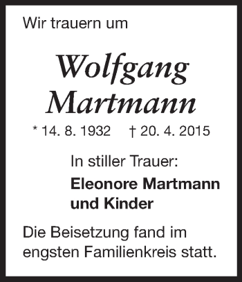 Traueranzeige von Wolfgang Martmann von Echo-Zeitungen (Gesamtausgabe)
