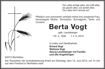 Traueranzeige von Berta Vogt von Rüsselsheimer Echo, Groß-Gerauer-Echo, Ried Echo