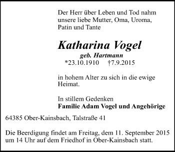 Traueranzeige von Katharina Vogel von trauer.echo-online.de
