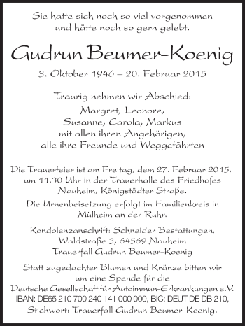 Traueranzeige von Gudrun Beumer-König von Rüsselsheimer Echo, Groß-Gerauer-Echo, Ried Echo