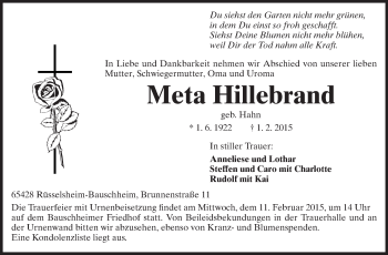 Traueranzeige von Meta Hillebrand von Rüsselsheimer Echo, Groß-Gerauer-Echo, Ried Echo