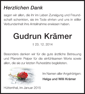 Traueranzeige von Gudrun Krämer von Odenwälder Echo