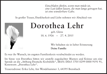 Traueranzeige von Dorothea Lehr von Echo-Zeitungen (Gesamtausgabe)