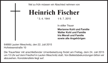 Traueranzeige von Heinrich Fischer von Starkenburger Echo