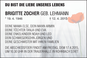 Traueranzeige von Brigitte Zocher von Echo-Zeitungen (Gesamtausgabe)
