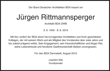 Traueranzeige von Jürgen Rittmannsperger von trauer.echo-online.de