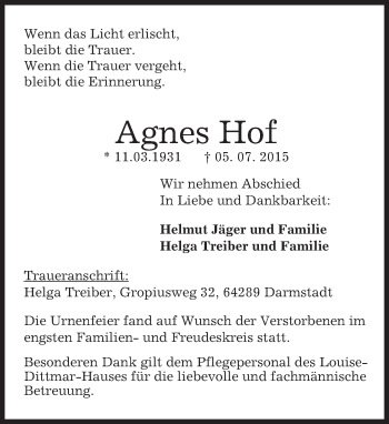 Traueranzeige von Agnes Hof von trauer.echo-online.de