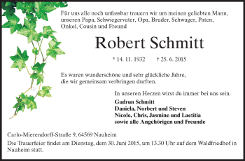 Traueranzeige von Robert Schmitt von Rüsselsheimer Echo, Groß-Gerauer-Echo, Ried Echo