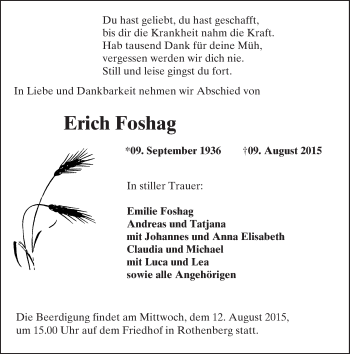 Traueranzeige von Erich Foshag von trauer.echo-online.de