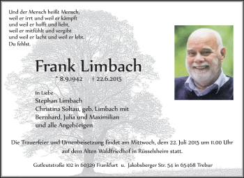 Traueranzeige von Frank Limbach von Rüsselsheimer Echo, Groß-Gerauer-Echo, Ried Echo