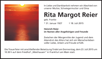 Traueranzeige von Rita Margot Reier von Rüsselsheimer Echo, Groß-Gerauer-Echo, Ried Echo