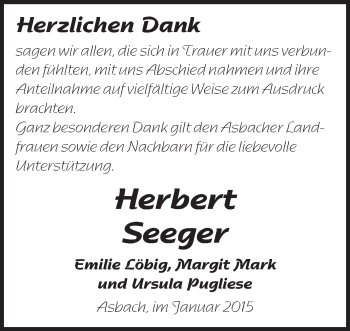 Traueranzeige von Herbert Seeger von Echo-Zeitungen (Gesamtausgabe)