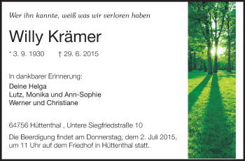 Traueranzeige von Willy Krämer von Odenwälder Echo