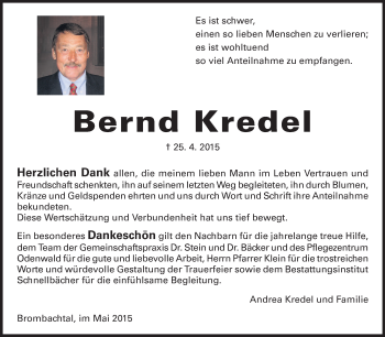 Traueranzeige von Bernd Kredel von Odenwälder Echo