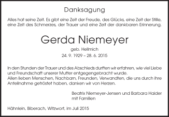 Traueranzeige von Gerda Niemeyer von Echo-Zeitungen (Gesamtausgabe)