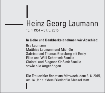 Traueranzeige von Heinz Georg Laumann von Echo-Zeitungen (Gesamtausgabe)