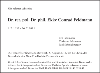 Traueranzeige von Ekke Conrad Feldmann von Echo-Zeitungen (Gesamtausgabe)