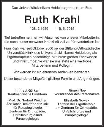 Traueranzeige von Ruth Krahl von Starkenburger Echo