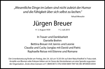 Traueranzeige von Jürgen Breuer von Echo-Zeitungen (Gesamtausgabe)