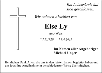 Traueranzeige von Else Ey von Starkenburger Echo