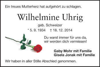 Traueranzeige von Wilhelmine Uhrig von Odenwälder Echo