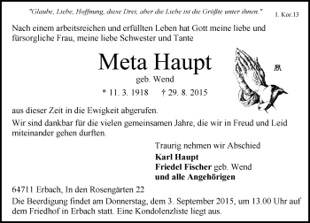 Traueranzeige von Meta Haupt von trauer.echo-online.de