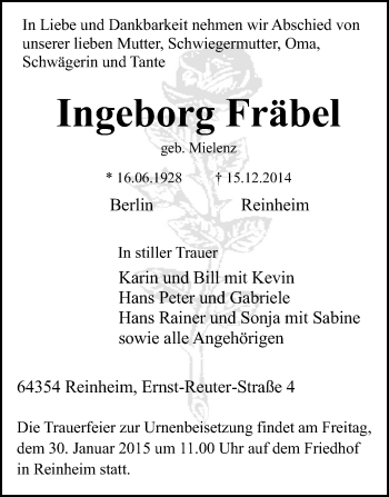 Traueranzeige von Ingeborg Fräbel von Darmstädter Echo, Odenwälder Echo, Rüsselsheimer Echo, Groß-Gerauer-Echo, Ried Echo