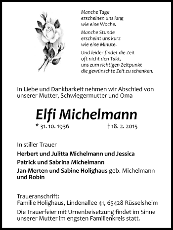 Traueranzeige von Elfi Michelmann von Rüsselsheimer Echo, Groß-Gerauer-Echo, Ried Echo