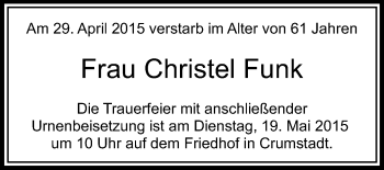 Traueranzeige von Christel Funk von Echo-Zeitungen (Gesamtausgabe)