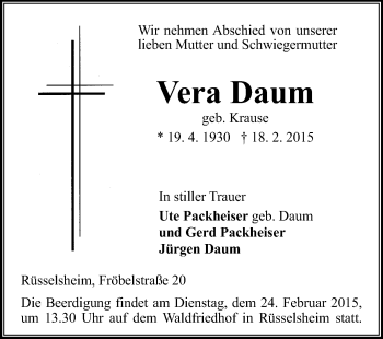 Traueranzeige von Vera Daum von Rüsselsheimer Echo, Groß-Gerauer-Echo, Ried Echo