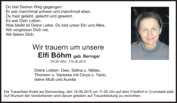 Traueranzeige von Elfi Böhm von Rüsselsheimer Echo, Groß-Gerauer-Echo, Ried Echo