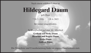 Traueranzeige von Hildegard Daum von Rüsselsheimer Echo, Groß-Gerauer-Echo, Ried Echo
