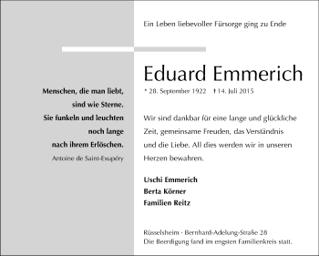 Traueranzeige von Eduard Emmerich von Rüsselsheimer Echo, Groß-Gerauer-Echo, Ried Echo