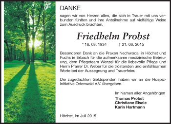 Traueranzeige von Friedhelm Probst von Odenwälder Echo